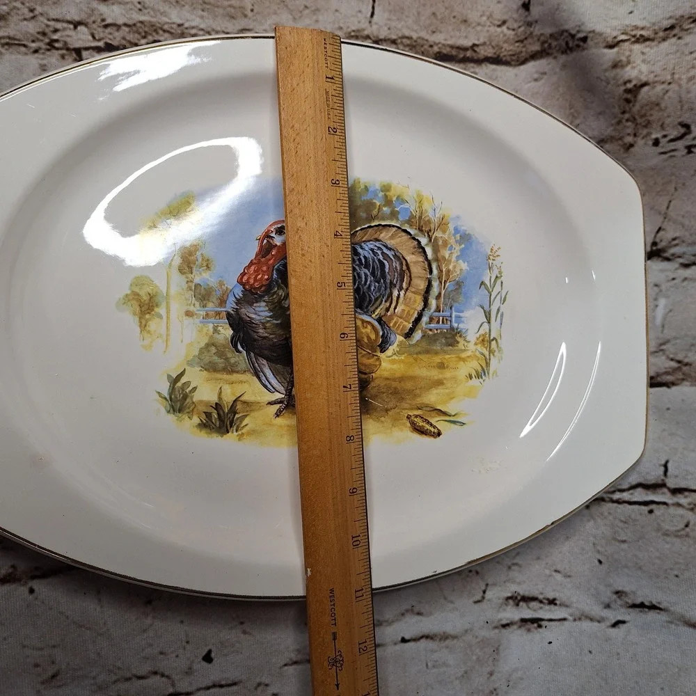 Vintage Kenilworth USA Turkey Serving Platter Thanksgiving Oval Gold Rim 15x11in